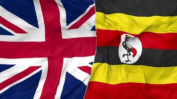 unido Reino y Uganda banderas juntos sin costura bucle fondo, serpenteado bache textura paño ondulación lento movimiento, 3d representación video