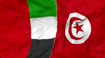 United Arab Emirates and Tunisia Flags Together Seamless Looping Background, Looped Bump Texture Cloth Waving Slow Motion, 3D Rendering video