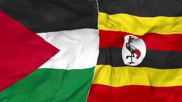 Palestine and Uganda Flags Together Seamless Looping Background, Looped Bump Texture Cloth Waving Slow Motion, 3D Rendering video