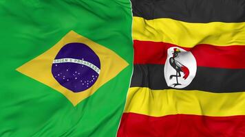 Brasilien und Uganda Flaggen zusammen nahtlos Schleifen Hintergrund, geloopt stoßen Textur Stoff winken schleppend Bewegung, 3d Rendern video