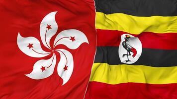 Hong Kong and Uganda Flags Together Seamless Looping Background, Looped Bump Texture Cloth Waving Slow Motion, 3D Rendering video