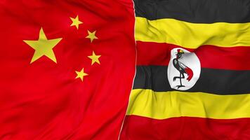 China and Uganda Flags Together Seamless Looping Background, Looped Bump Texture Cloth Waving Slow Motion, 3D Rendering video