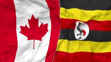 Canadá e Uganda bandeiras juntos desatado looping fundo, em loop colisão textura pano acenando lento movimento, 3d Renderização video