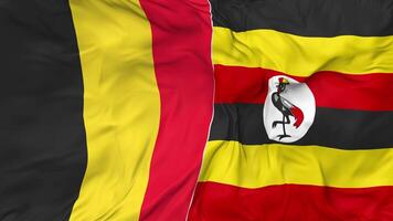 Belgium and Uganda Flags Together Seamless Looping Background, Looped Bump Texture Cloth Waving Slow Motion, 3D Rendering video