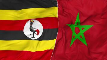 Morocco and Uganda Flags Together Seamless Looping Background, Looped Bump Texture Cloth Waving Slow Motion, 3D Rendering video