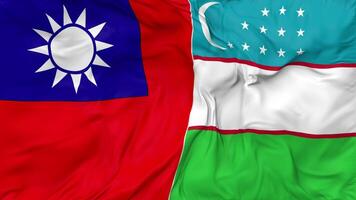 Taiwan and Uzbekistan Flags Together Seamless Looping Background, Looped Bump Texture Cloth Waving Slow Motion, 3D Rendering video