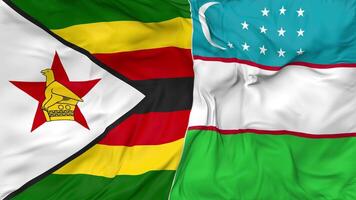Zimbabue y Uzbekistán banderas juntos sin costura bucle fondo, serpenteado bache textura paño ondulación lento movimiento, 3d representación video