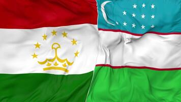 Tayikistán y Uzbekistán banderas juntos sin costura bucle fondo, serpenteado bache textura paño ondulación lento movimiento, 3d representación video