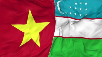 Vietnam and Uzbekistan Flags Together Seamless Looping Background, Looped Bump Texture Cloth Waving Slow Motion, 3D Rendering video