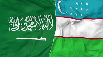 KSA, Kingdom of Saudi Arabia and Uzbekistan Flags Together Seamless Looping Background, Looped Bump Texture Cloth Waving Slow Motion, 3D Rendering video