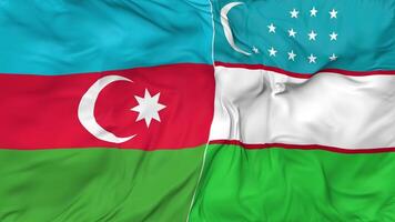 azerbaiyán y Uzbekistán banderas juntos sin costura bucle fondo, serpenteado bache textura paño ondulación lento movimiento, 3d representación video