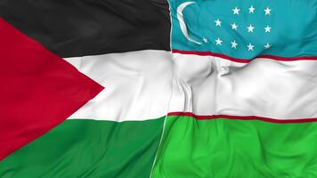 Palestine and Uzbekistan Flags Together Seamless Looping Background, Looped Bump Texture Cloth Waving Slow Motion, 3D Rendering video