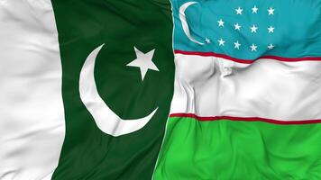 Pakistán y Uzbekistán banderas juntos sin costura bucle fondo, serpenteado bache textura paño ondulación lento movimiento, 3d representación video