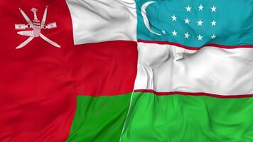 Omán y Uzbekistán banderas juntos sin costura bucle fondo, serpenteado bache textura paño ondulación lento movimiento, 3d representación video