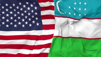 unido estados y Uzbekistán banderas juntos sin costura bucle fondo, serpenteado bache textura paño ondulación lento movimiento, 3d representación video