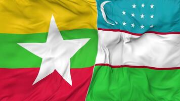 myanmar, birmania y Uzbekistán banderas juntos sin costura bucle fondo, serpenteado bache textura paño ondulación lento movimiento, 3d representación video