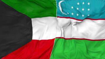 Kuwait y Uzbekistán banderas juntos sin costura bucle fondo, serpenteado bache textura paño ondulación lento movimiento, 3d representación video