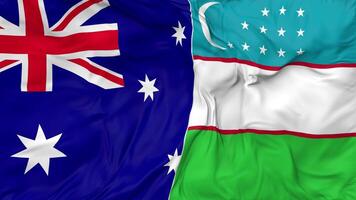 Australia and Uzbekistan Flags Together Seamless Looping Background, Looped Bump Texture Cloth Waving Slow Motion, 3D Rendering video