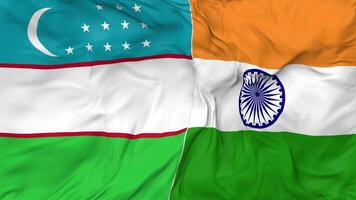 India and Uzbekistan Flags Together Seamless Looping Background, Looped Bump Texture Cloth Waving Slow Motion, 3D Rendering video