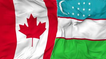 Canadá y Uzbekistán banderas juntos sin costura bucle fondo, serpenteado bache textura paño ondulación lento movimiento, 3d representación video