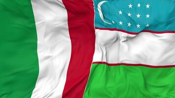 Italia y Uzbekistán banderas juntos sin costura bucle fondo, serpenteado bache textura paño ondulación lento movimiento, 3d representación video
