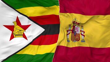 Spain and Zimbabwe Flags Together Seamless Looping Background, Looped Bump Texture Cloth Waving Slow Motion, 3D Rendering video