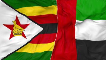 United Arab Emirates and Zimbabwe Flags Together Seamless Looping Background, Looped Bump Texture Cloth Waving Slow Motion, 3D Rendering video