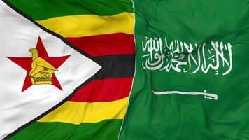 KSA, Kingdom of Saudi Arabia and Zimbabwe Flags Together Seamless Looping Background, Looped Bump Texture Cloth Waving Slow Motion, 3D Rendering video