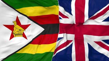 United Kingdom and Zimbabwe Flags Together Seamless Looping Background, Looped Bump Texture Cloth Waving Slow Motion, 3D Rendering video