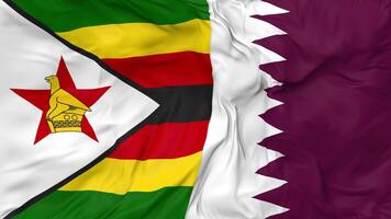 Qatar and Zimbabwe Flags Together Seamless Looping Background, Looped Bump Texture Cloth Waving Slow Motion, 3D Rendering video