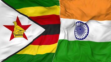 Indien och zimbabwe flaggor tillsammans sömlös looping bakgrund, looped stöta textur trasa vinka långsam rörelse, 3d tolkning video