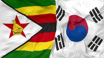 South Korea and Zimbabwe Flags Together Seamless Looping Background, Looped Bump Texture Cloth Waving Slow Motion, 3D Rendering video