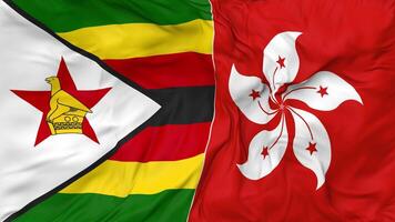 Hong Kong and Zimbabwe Flags Together Seamless Looping Background, Looped Bump Texture Cloth Waving Slow Motion, 3D Rendering video