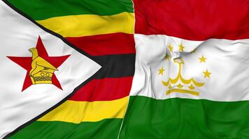 Tajikistan and Zimbabwe Flags Together Seamless Looping Background, Looped Bump Texture Cloth Waving Slow Motion, 3D Rendering video