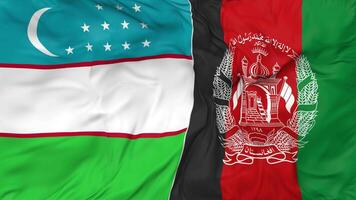 Afghanistan and Uzbekistan Flags Together Seamless Looping Background, Looped Bump Texture Cloth Waving Slow Motion, 3D Rendering video