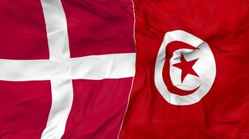 Denmark and Tunisia Flags Together Seamless Looping Background, Looped Bump Texture Cloth Waving Slow Motion, 3D Rendering video