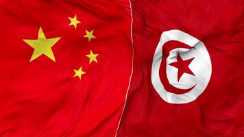 Cina e tunisia bandiere insieme senza soluzione di continuità looping sfondo, loop urto struttura stoffa agitando lento movimento, 3d interpretazione video