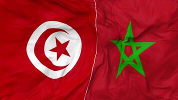 Morocco and Tunisia Flags Together Seamless Looping Background, Looped Bump Texture Cloth Waving Slow Motion, 3D Rendering video