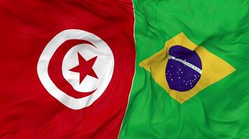 Brazil and Tunisia Flags Together Seamless Looping Background, Looped Bump Texture Cloth Waving Slow Motion, 3D Rendering video