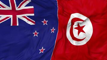 New Zealand and Tunisia Flags Together Seamless Looping Background, Looped Bump Texture Cloth Waving Slow Motion, 3D Rendering video