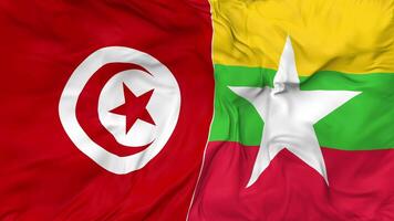 Myanmar, Burma and Tunisia Flags Together Seamless Looping Background, Looped Bump Texture Cloth Waving Slow Motion, 3D Rendering video