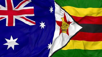 Australia and Zimbabwe Flags Together Seamless Looping Background, Looped Bump Texture Cloth Waving Slow Motion, 3D Rendering video