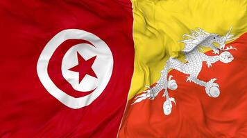 bhoutan et Tunisie drapeaux ensemble sans couture boucle arrière-plan, en boucle bosse texture tissu agitant lent mouvement, 3d le rendu video