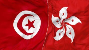 Hong Kong and Tunisia Flags Together Seamless Looping Background, Looped Bump Texture Cloth Waving Slow Motion, 3D Rendering video