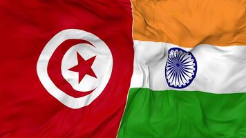 India and Tunisia Flags Together Seamless Looping Background, Looped Bump Texture Cloth Waving Slow Motion, 3D Rendering video