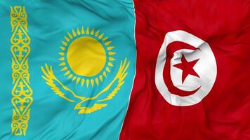 Kazakhstan and Tunisia Flags Together Seamless Looping Background, Looped Bump Texture Cloth Waving Slow Motion, 3D Rendering video