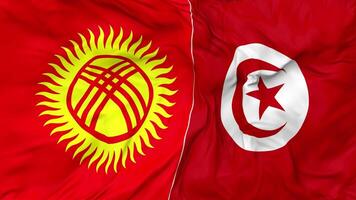 Quirguistão e Tunísia bandeiras juntos desatado looping fundo, em loop colisão textura pano acenando lento movimento, 3d Renderização video