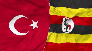 Turkey and Uganda Flags Together Seamless Looping Background, Looped Bump Texture Cloth Waving Slow Motion, 3D Rendering video