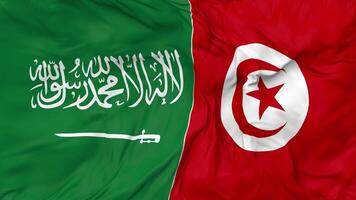 KSA, Kingdom of Saudi Arabia and Tunisia Flags Together Seamless Looping Background, Looped Bump Texture Cloth Waving Slow Motion, 3D Rendering video