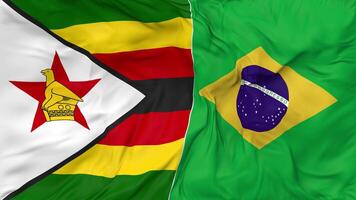 Brasilien och zimbabwe flaggor tillsammans sömlös looping bakgrund, looped stöta textur trasa vinka långsam rörelse, 3d tolkning video